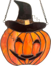 Carved Pumpkin with Witch Hat Tiffany Style Stained Glass Window Panel for Home Decor