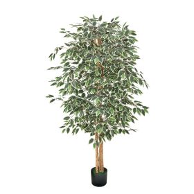 6FT Artificial Ficus Tree with Black Pot, Tall Faux Ficus Plant with Natural Wood Trunk and Realistic Green Leaves, Indoor Fake Silk Tree for Hom